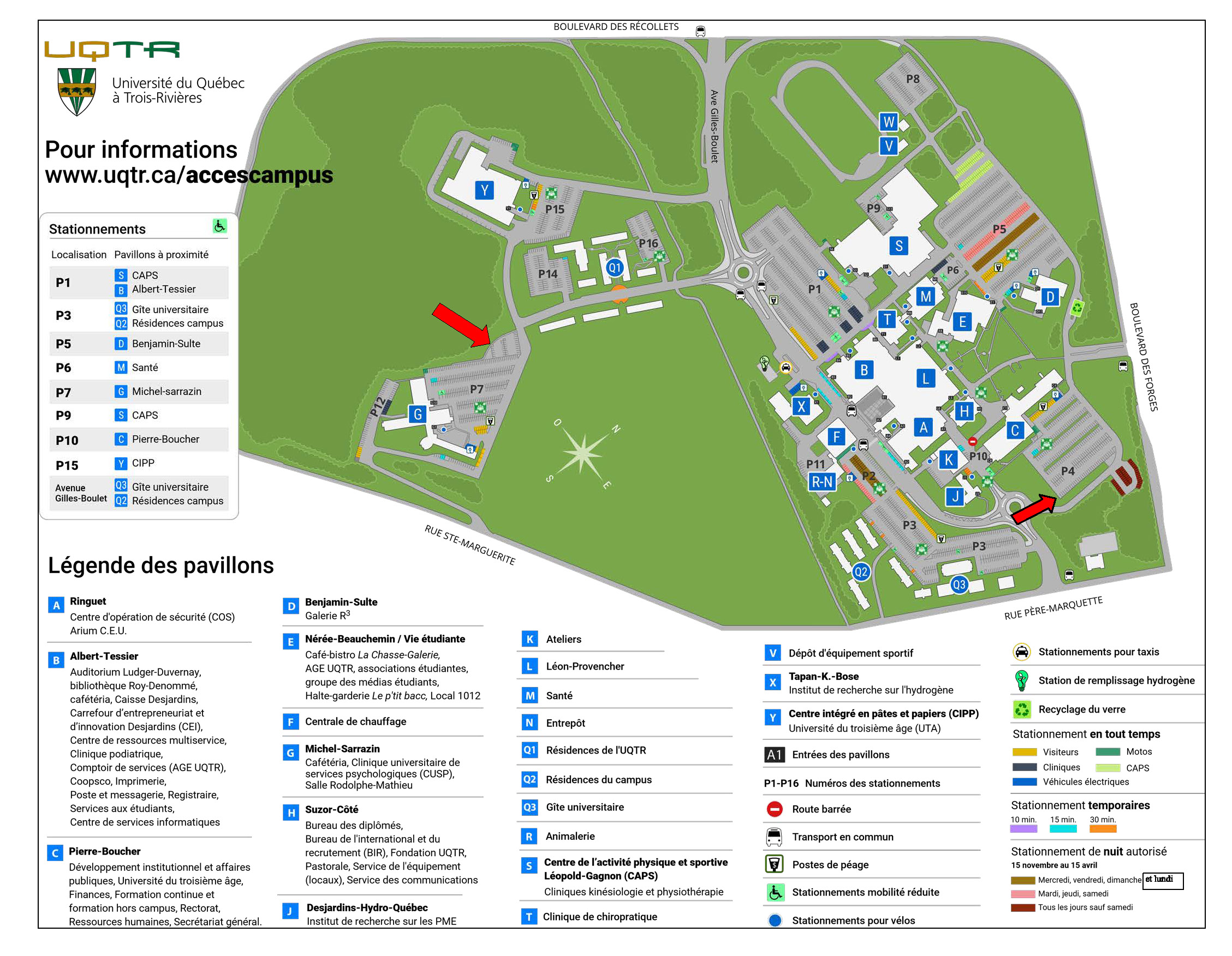 Plan du campus indiquant où se situent les stationnements 4 et 15.