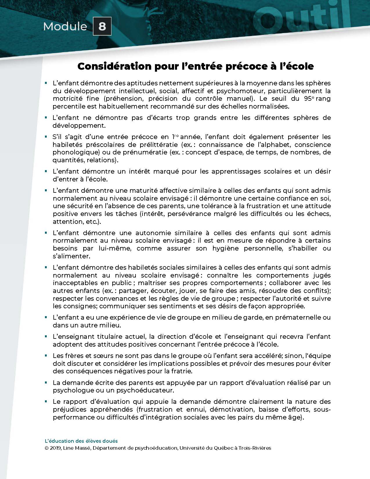Outil_Considération pour l’entrée précoce à l’école
